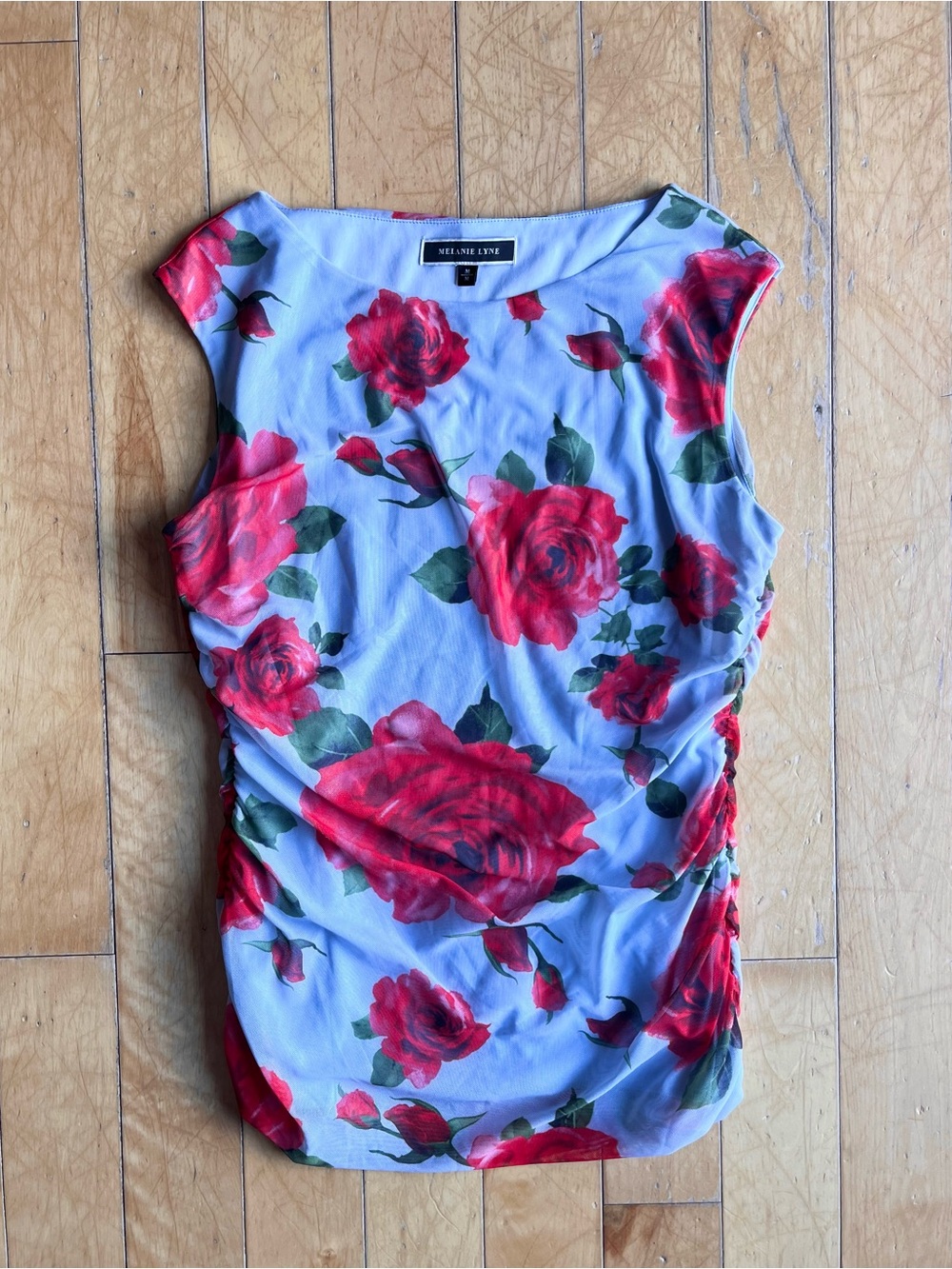 Melanie Lyne Floral Red Rose Print Ruched Sheath Camisole Top Size Medium